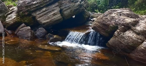 Cascading of freshwater steam, waterfall in tropical landscape and natural ecosystem in Sri Lanka