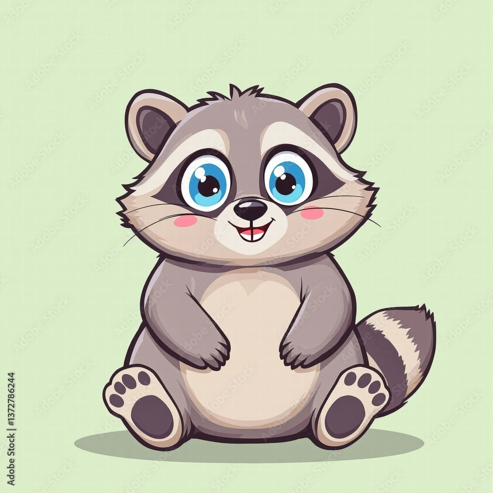 Fototapeta premium A cute raccoon with blue eyes is sitting on a green background