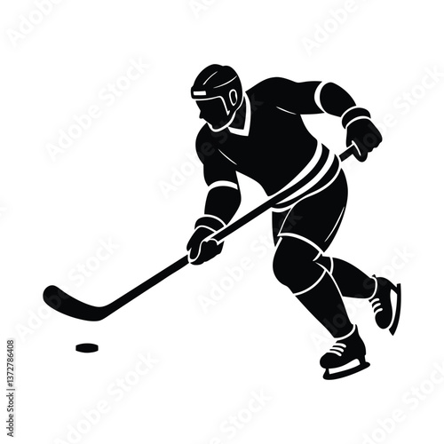 Black vector silhouette of an active hockey player with stick on white background