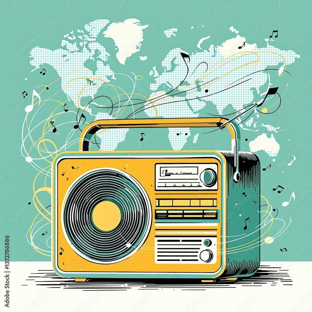Fototapeta premium A yellow radio with a globe in the background