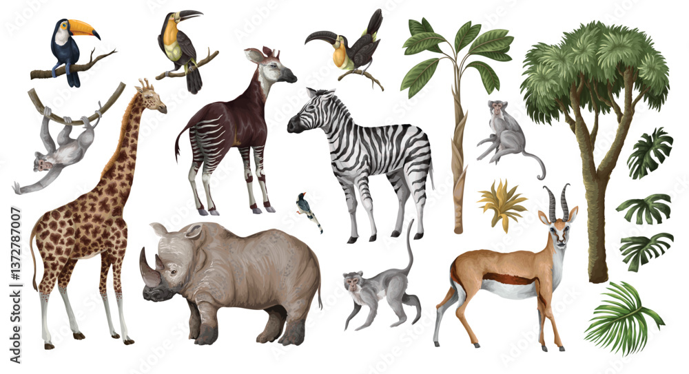 Fototapeta premium Jungle animals and trees isolated. Palm trees, giraffe, okapi, zebra etc. Vector.
