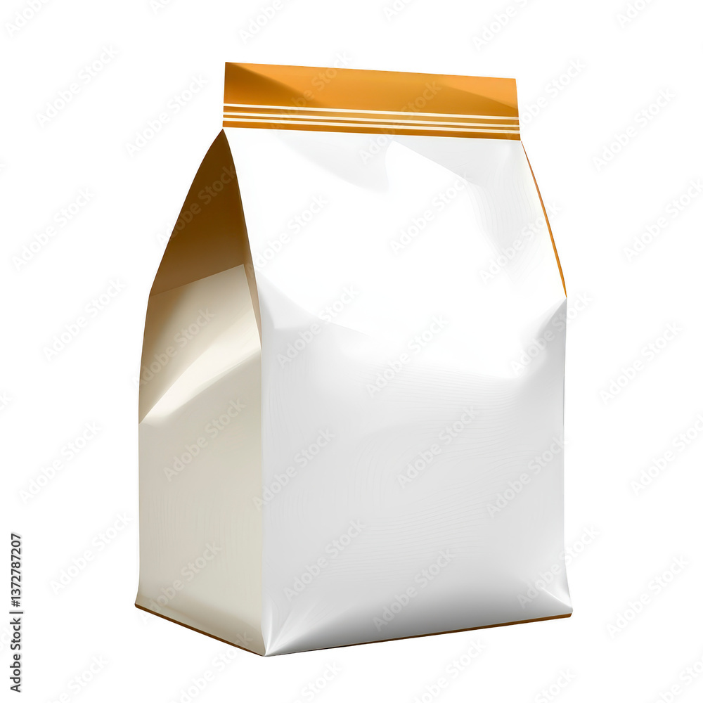 A white and orange coffee bag with glossy finish stands upright, showcasing modern and minimalist design. packaging is ideal for storing coffee beans or ground coffee A white and orange coffee bag with glossy finish stands upright, showcasing modern and minimalist design. packaging is ideal for storing coffee beans or ground coffee