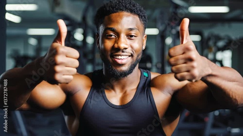 African American fitness trainer in black tank top showing two thumbs up, radiating positivity and motivation.
