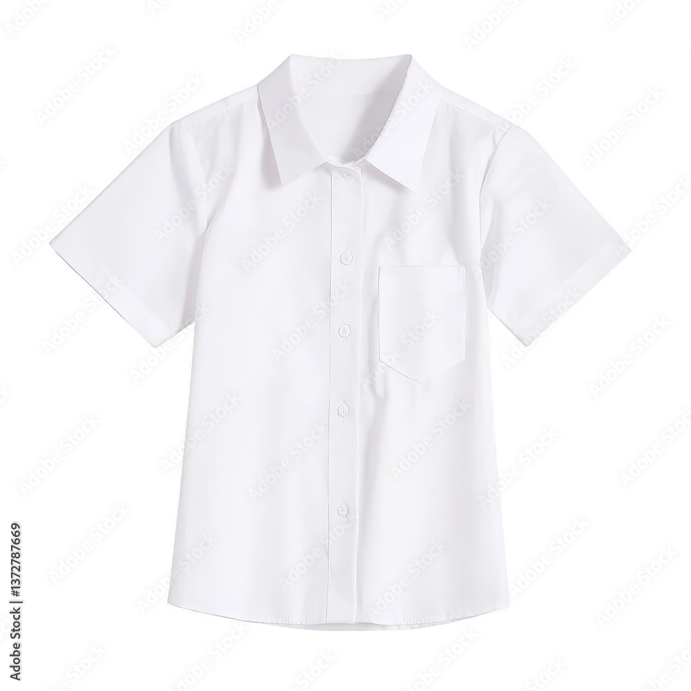 A crisp white short sleeve shirt with classic collar and front pocket, perfect for formal or casual occasions. clean design offers versatile and timeless look A crisp white short sleeve shirt with classic collar and front pocket, perfect for formal or casual occasions. clean design offers versatile and timeless look