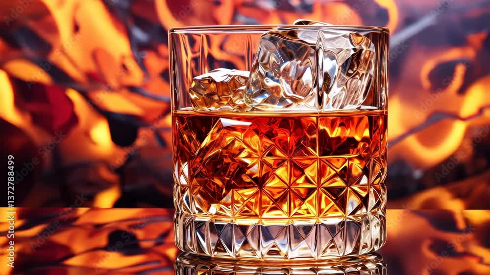 Glowing glass of whiskey or scotch with an ice cube on a mosaic orange reflective surface.