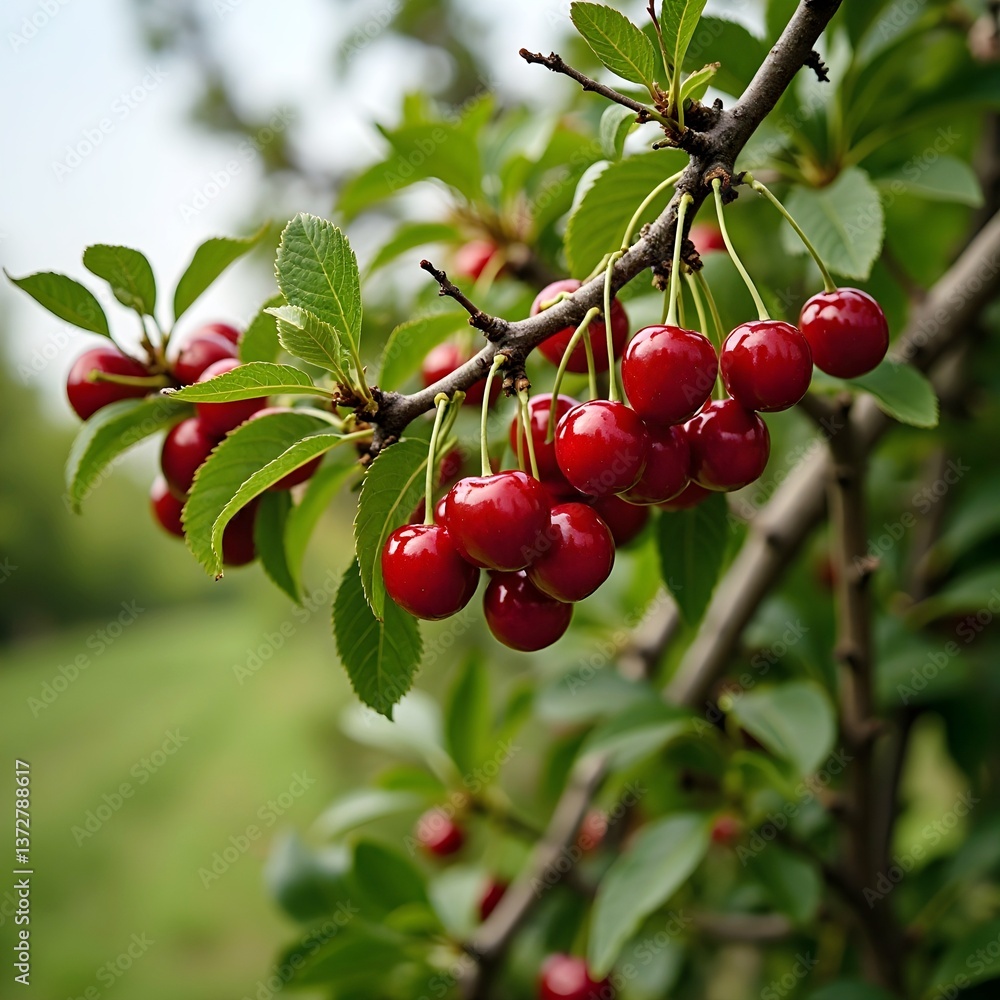 Cherry tree branches with ripe red cherries, in the orchard. Cherry tree branches with ripe red cherries, in the orchard.