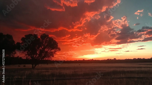 Dramatic sunset glow over open field with silhouetted tree under vibrant sky