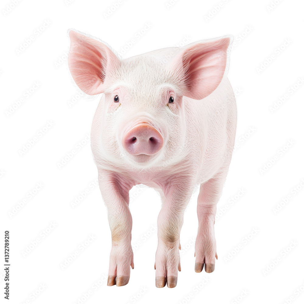 A cute pink piglet stands facing forward, showcasing its large ears and snout against transparency background. piglet expression is curious and endearing A cute pink piglet stands facing forward, showcasing its large ears and snout against transparency background. piglet expression is curious and endearing