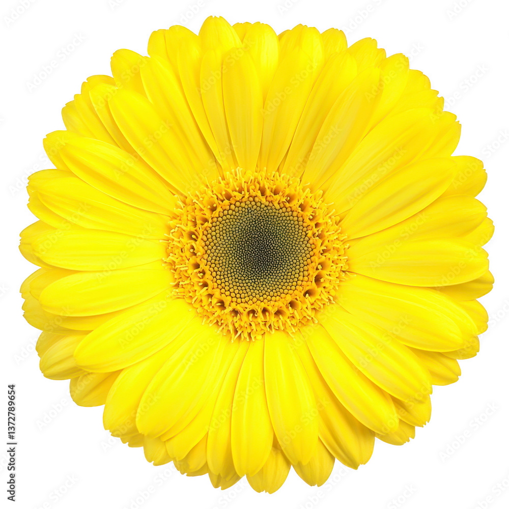 Fototapeta premium A vibrant yellow gerbera daisy in full bloom, showcasing its bright petals and intricate center, evokes sense of joy and freshness. Perfect for floral arrangements or garden decor