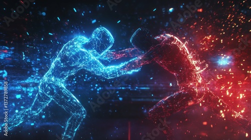 Digital Fighters Boxing Match with Blue and Red Energy Effects