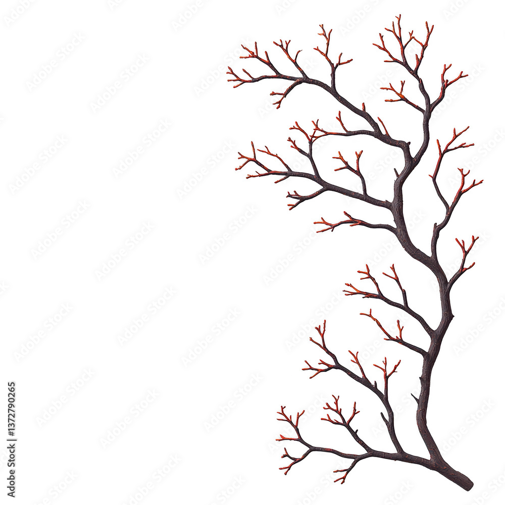 Obraz premium A bare tree branch with red buds against transparency background creates striking contrast, highlighting delicate beauty of nature transition. simplicity evokes sense of calm and anticipation