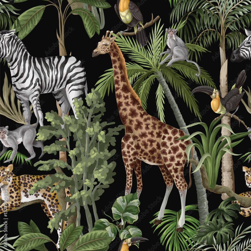 Fototapeta premium Seamless pattern with jungle animals and trees. Palm trees, giraffe, okapi, zebra etc. Vector.