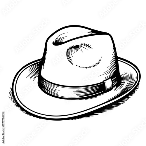 Vintage illustration of traveler’s fedora hat in black and white style for travel-themed projects tourism accessories fashion or adventure design