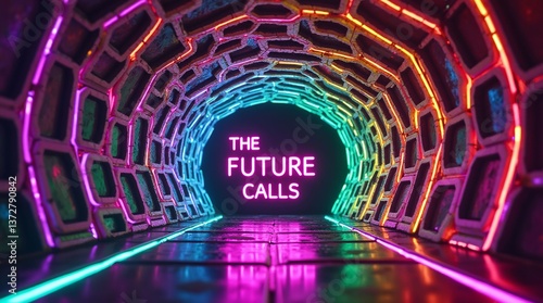 Neon lights paint a futuristic tunnel, promising exciting possibilities.