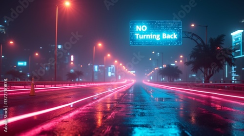 A city road, illuminated by vibrant neon lights, displaying a 