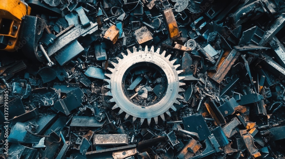 Fototapeta premium A workbench setup featuring an iron cutter surrounded by metal scraps, all on a black background.