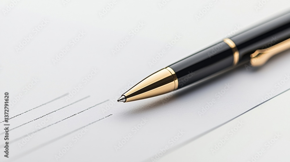 Close up of Black Pen with Gold Accents on White Paper Close up of Black Pen with Gold Accents on White Paper