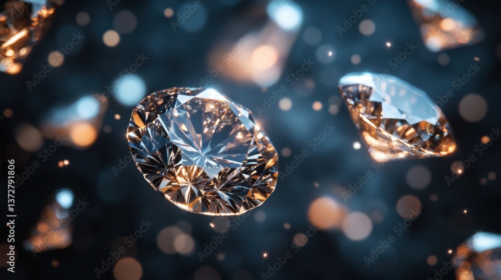 Sparkling diamonds floating in a dark space with bokeh lights creating a luxurious and elegant atmosphere perfect for jewelry promotion and high end design