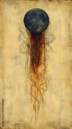 A cosmic sphere drips dark earthy tones onto a textured background accented with delicate ethereal lines