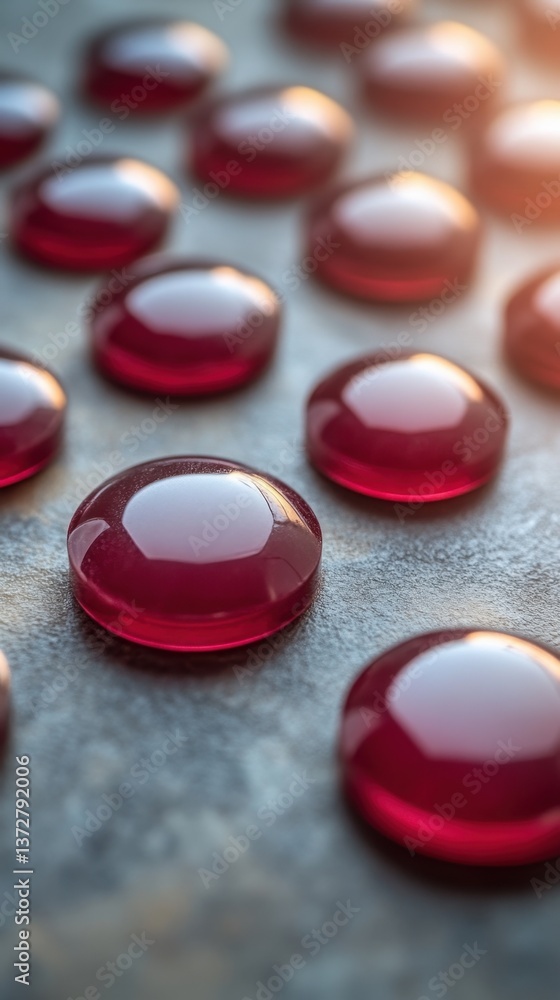 Elegant array of ruby red glass beads on textured gray surface with soft light and shallow depth of field Elegant array of ruby red glass beads on textured gray surface with soft light and shallow depth of field
