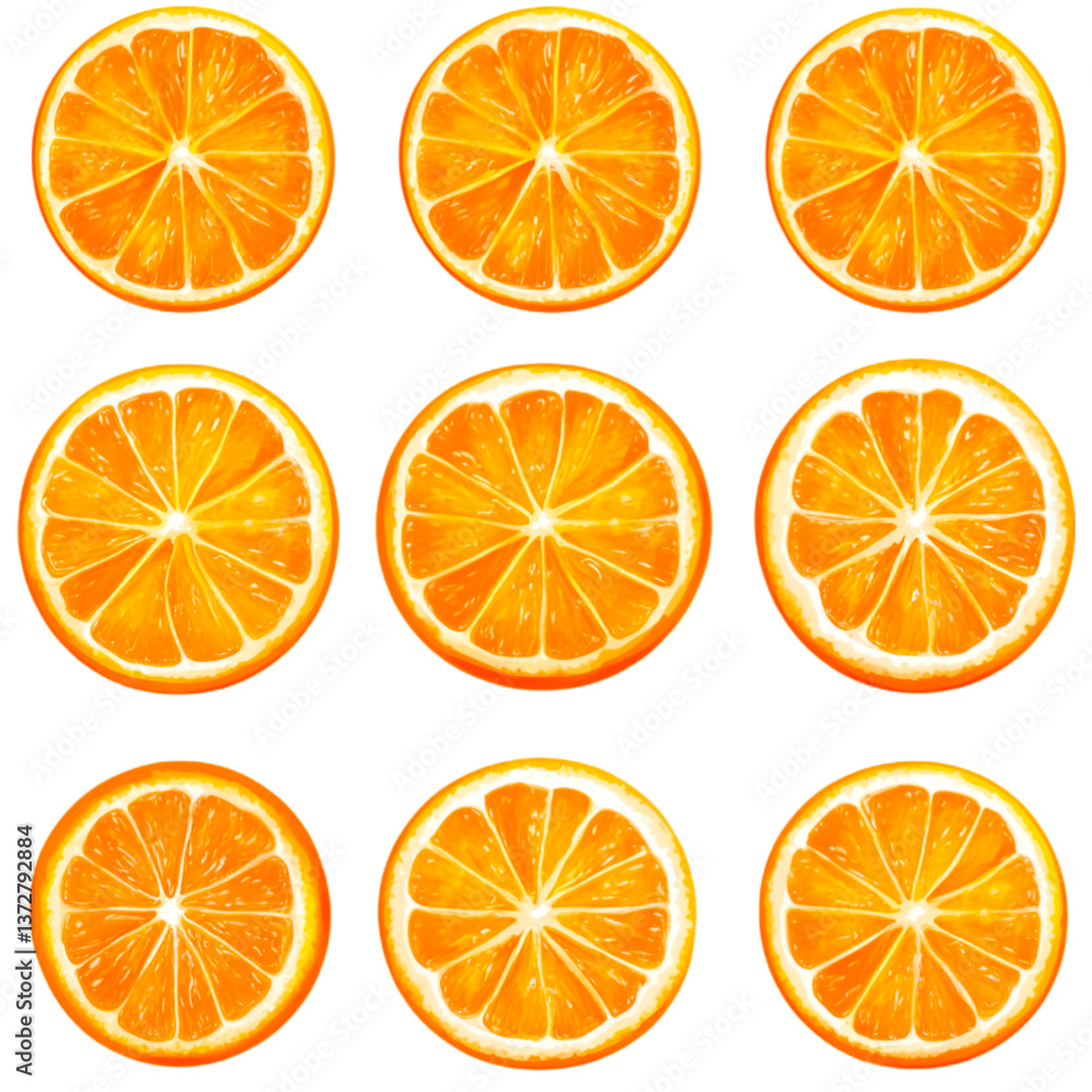 Nine juicy orange slices arranged in a grid pattern a vibrant citrus display Nine juicy orange slices arranged in a grid pattern a vibrant citrus display