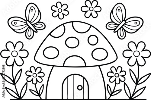 Whimsical Outlined Mushroom House with Butterflies and Flowers on Transparent Background