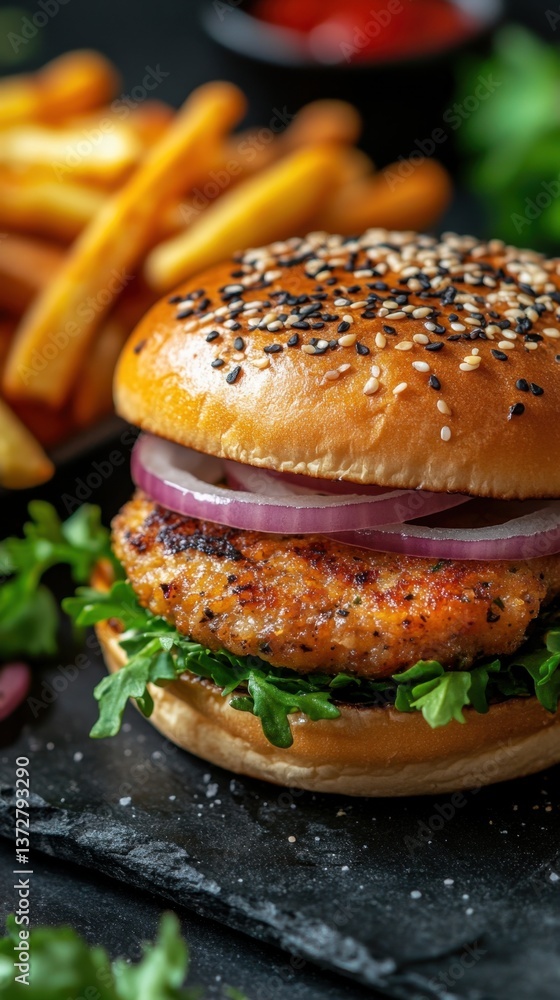 Delicious juicy burger with sesame bun red onion lettuce and crispy fries on a dark stone plate close up shot food photography Delicious juicy burger with sesame bun red onion lettuce and crispy fries on a dark stone plate close up shot food photography