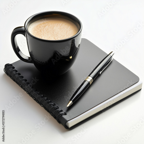 Notebook with pen. Black coffee mug