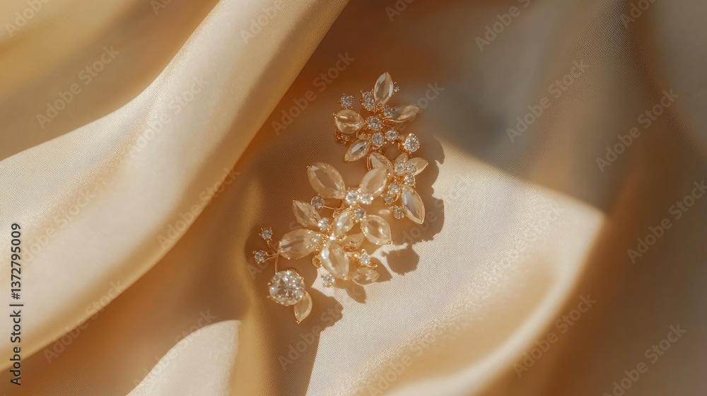 Gold drop earrings with brilliant-cut diamonds on a luxurious cream brocade fabric. Gold drop earrings with brilliant-cut diamonds on a luxurious cream brocade fabric.