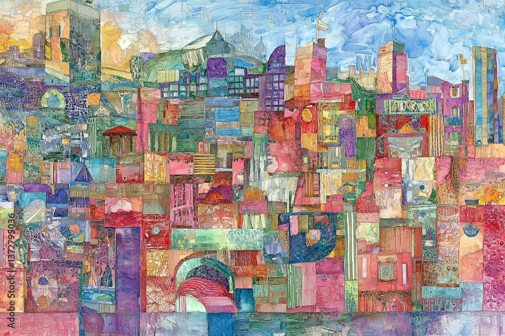Obraz premium Colorful abstract cityscape seaside, mosaic watercolor 
