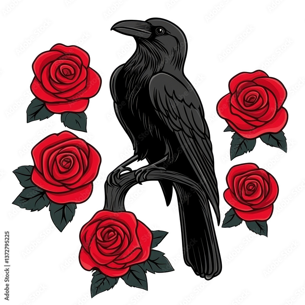 Fototapeta premium A black raven perched on branch is surrounded by vibrant red roses, creating striking contrast. illustration combines elements of nature and symbolism, evoking sense of mystery and beauty