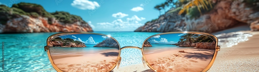 Sunglasses reflecting beautiful beach scene with crystal clear water and sky Sunglasses reflecting beautiful beach scene with crystal clear water and sky