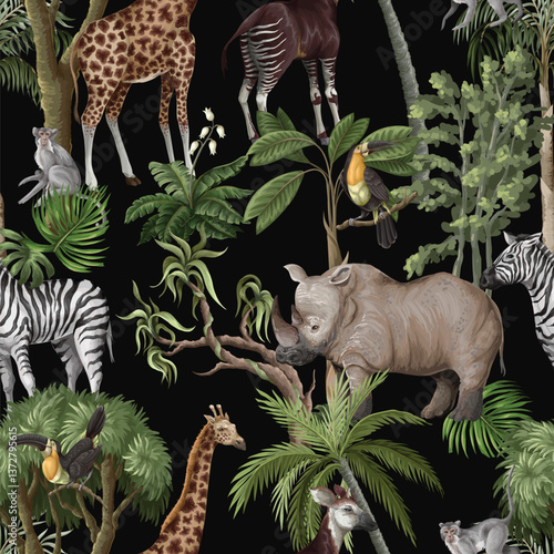 Seamless pattern with jungle animals and trees. Palm trees, giraffe, okapi, zebra etc. Vector.