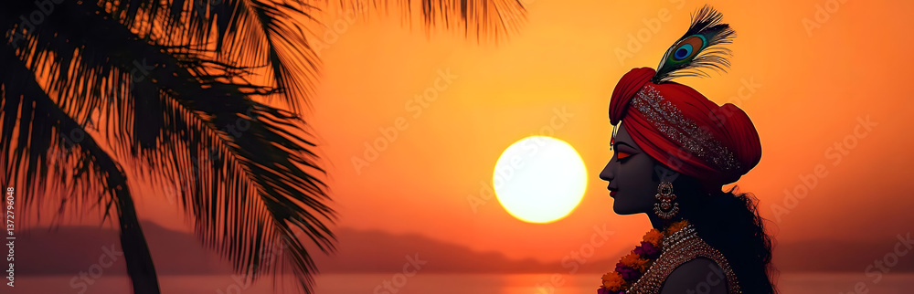 Silhouette of Lord Krishna at sunset with palm trees. He wears red turban with peacock feather and gold jewelery, flower garland. Spiritual scene of holy hindu deity. Vibrant orange color. Copy space. Silhouette of Lord Krishna at sunset with palm trees. He wears red turban with peacock feather and gold jewelery, flower garland. Spiritual scene of holy hindu deity. Vibrant orange color. Copy space.