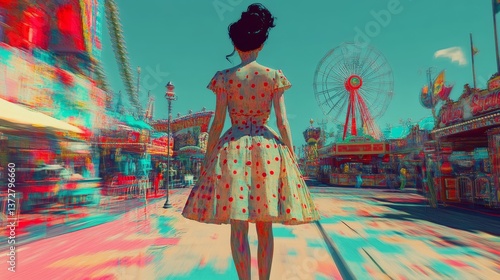 Woman walks toward a carnival with a ferris wheel in