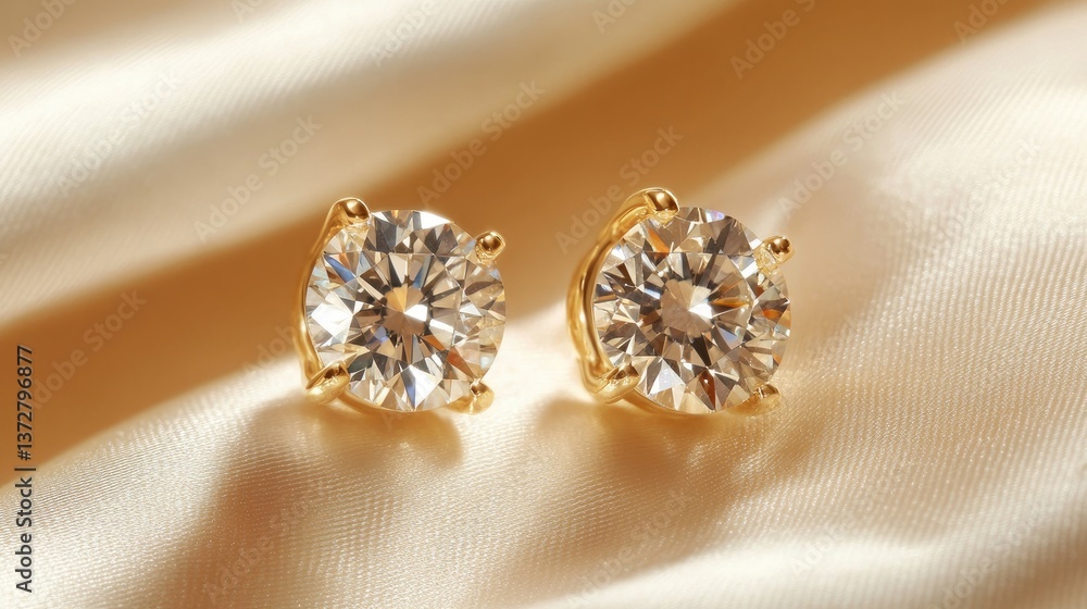 Fototapeta premium Minimalist gold earrings with diamonds placed on a smooth cream satin background.