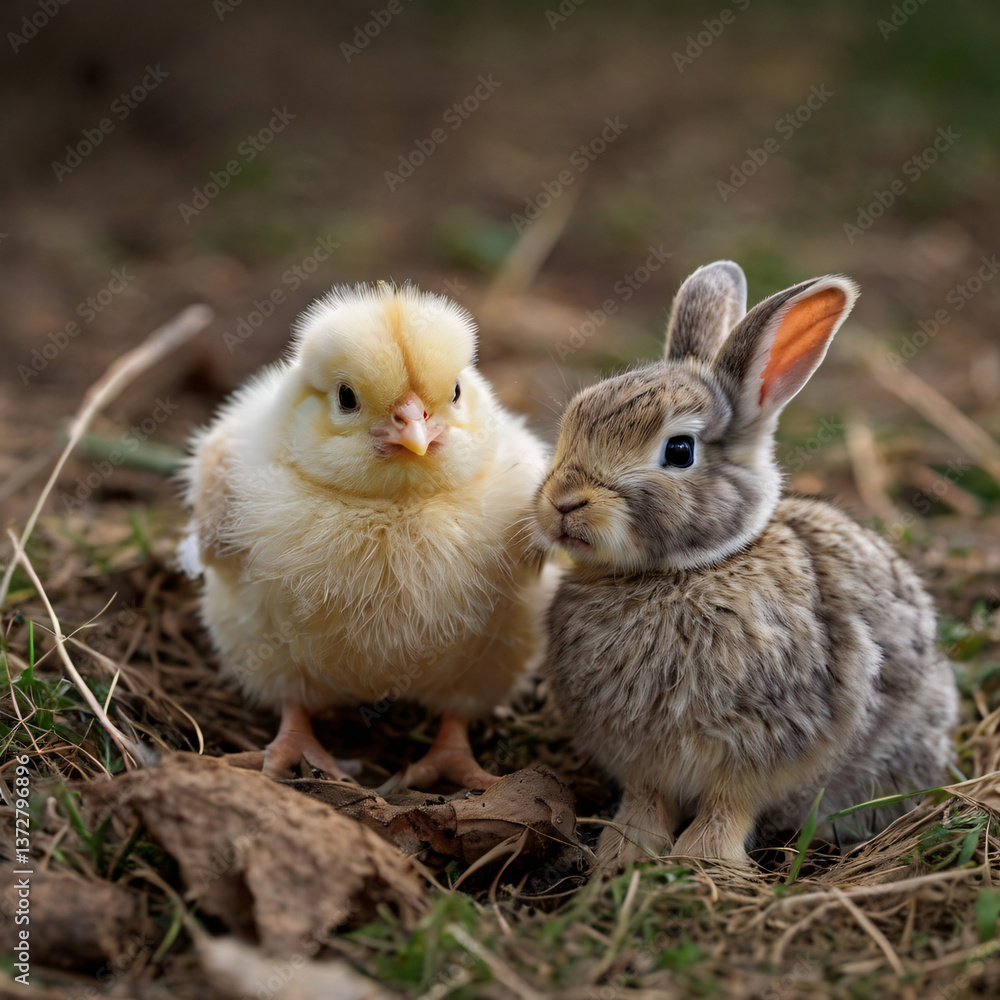 Fototapeta premium Easter background. Bunny and little yellow chick on a light background