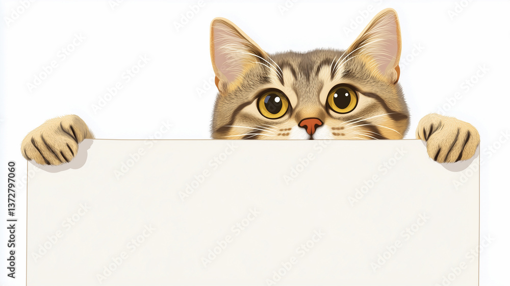 Naklejka premium Pretty cat looks from behind an empty sign isolated on white. Space to message