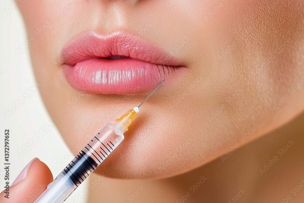 Lip enhancement procedure with syringe in close up cosmetic beauty and care treatment Lip enhancement procedure with syringe in close up cosmetic beauty and care treatment