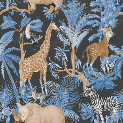 Seamless pattern with jungle animals and trees. Palm trees, giraffe, okapi, zebra etc. Vector.