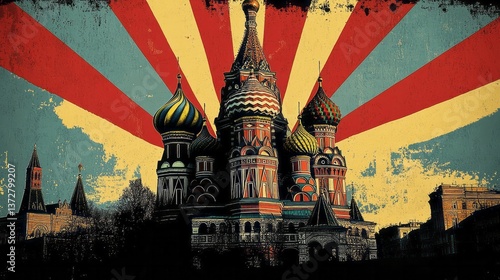 Illustration depicts saint basil cathedral moscow russia against sunburst background