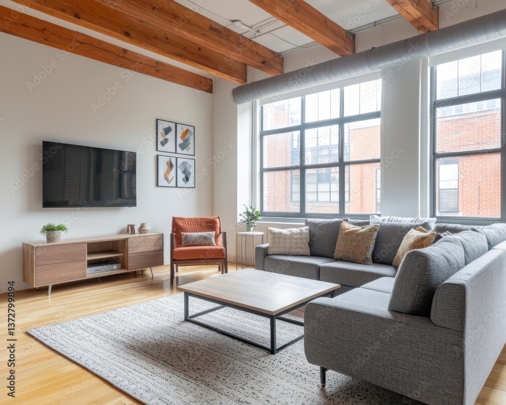 Spacious loftstyle living room with exposed steel beams, oversized furniture, and a touch of urban elegance Spacious loftstyle living room with exposed steel beams, oversized furniture, and a touch of urban elegance