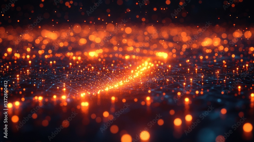Fototapeta premium Orange people icons connected by glowing lines depicting social media marketing and online community building. 