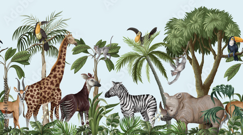 Mural with jungle animals and trees, realistic, cute landscape. Vector.