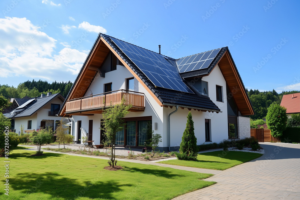 New suburban house with a photovoltaic system on the roof. Modern eco friendly passive house with solar panels on the gable roof New suburban house with a photovoltaic system on the roof. Modern eco friendly passive house with solar panels on the gable roof