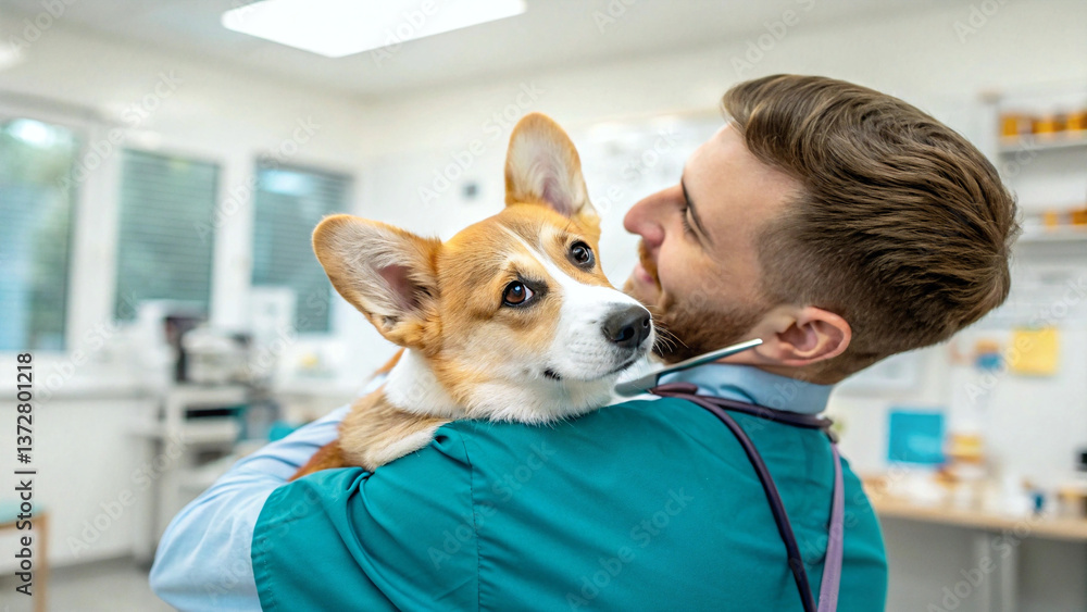 Adorable Corgi Puppy and Owner at Vet Clinic with Selective Focus and Copy Space – Generative AI Adorable Corgi Puppy and Owner at Vet Clinic with Selective Focus and Copy Space – Generative AI