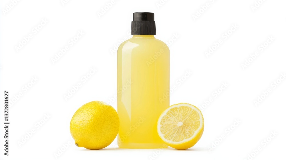Pale Yellow Lemon Juice Bottle with Lemons on White Background Pale Yellow Lemon Juice Bottle with Lemons on White Background