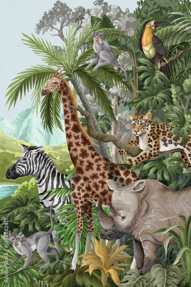Fototapeta premium Mural with jungle animals and trees, realistic, cute landscape. Vector.