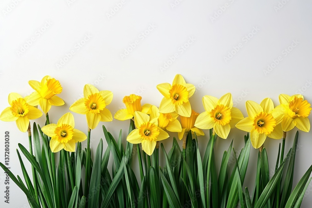 Obraz premium Cheerful yellow daffodils in full bloom against a bright white background symbolizing spring renewal and floral elegance in a minimalist style