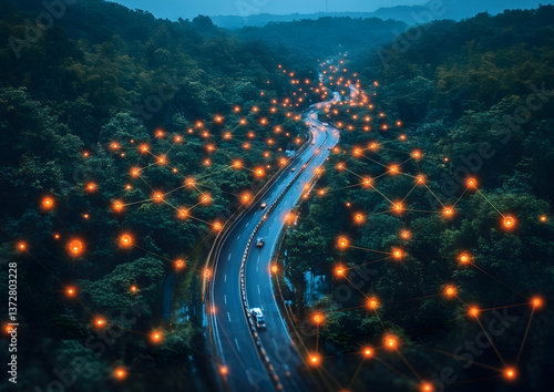 Aerial View of Illuminated Network Connecting Cars on a Road Through a Dark Forest with Glowing Dots at Night
